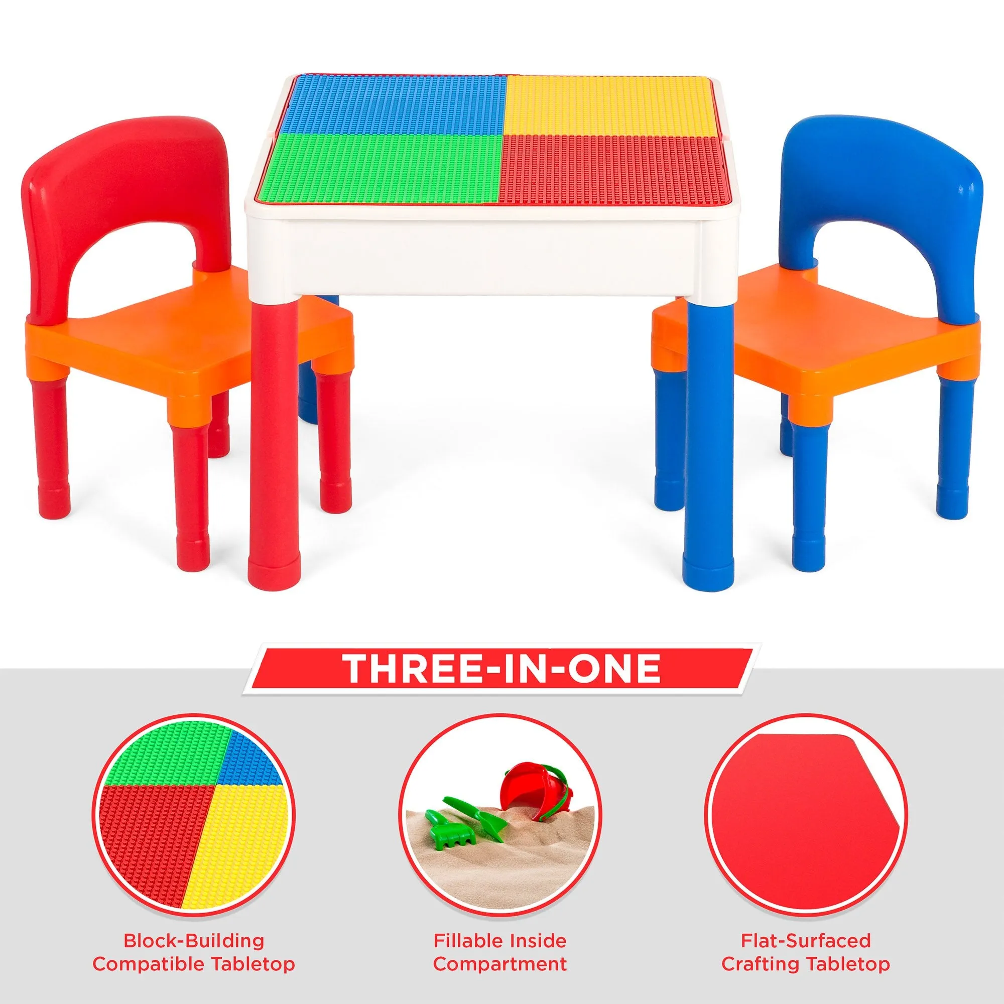 3-in-1 Kids Building Block Activity Play Table Set w/ Storage, 2 Chairs