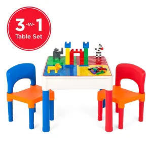 3-in-1 Kids Building Block Activity Play Table Set w/ Storage, 2 Chairs