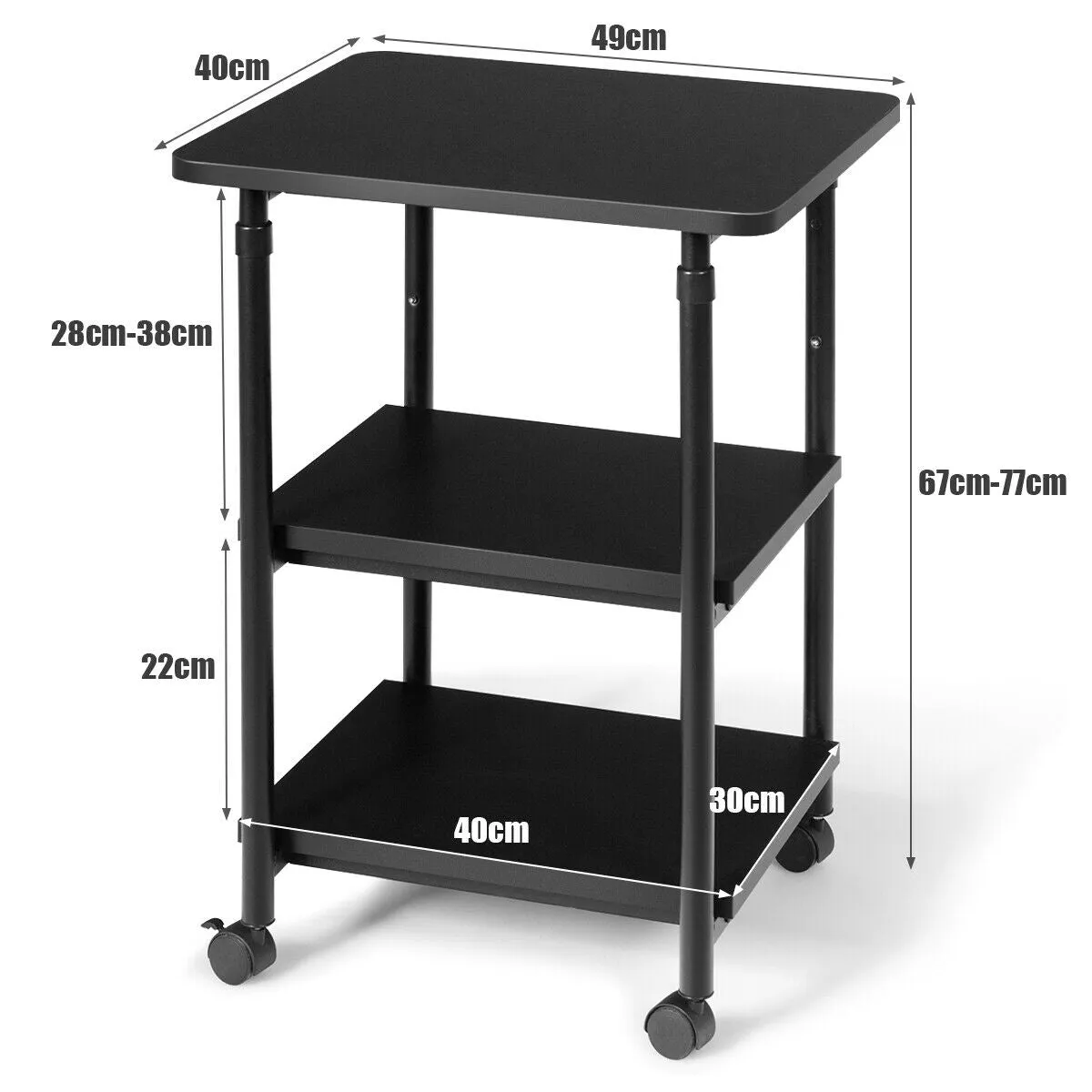 3 Tier Height Adjustable Printer Stand / Wheeled Occasional Table-Black