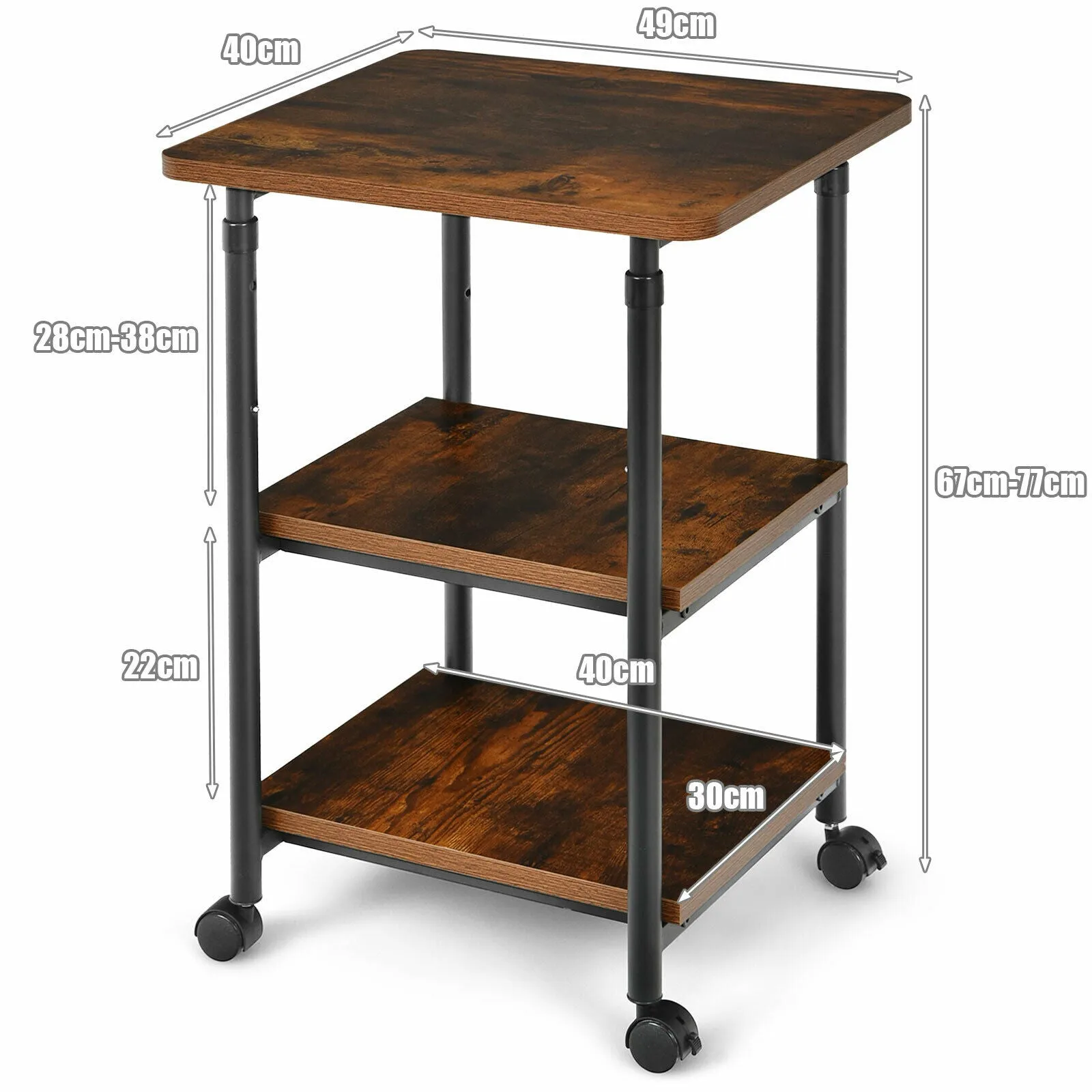 3 Tier Height Adjustable Printer Stand / Wheeled Occasional Table-Brown