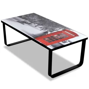 Coffee Table with Telephone Booth Printing Glass Top