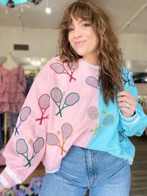 Colorblock Tennis Sweatshirt Light Pink and Blue Queen of Sparkles