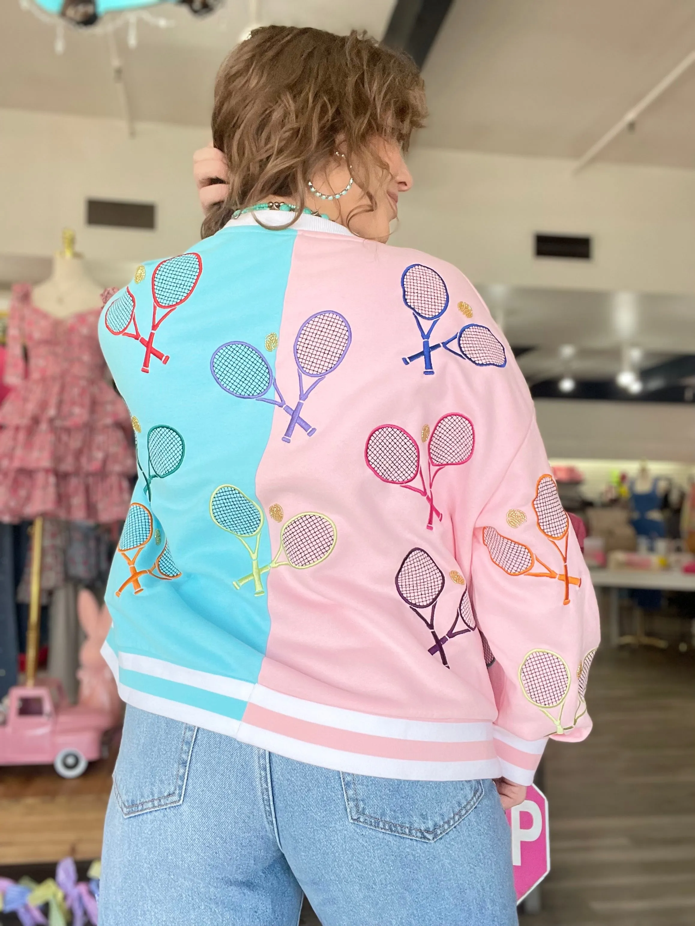 Colorblock Tennis Sweatshirt Light Pink and Blue Queen of Sparkles