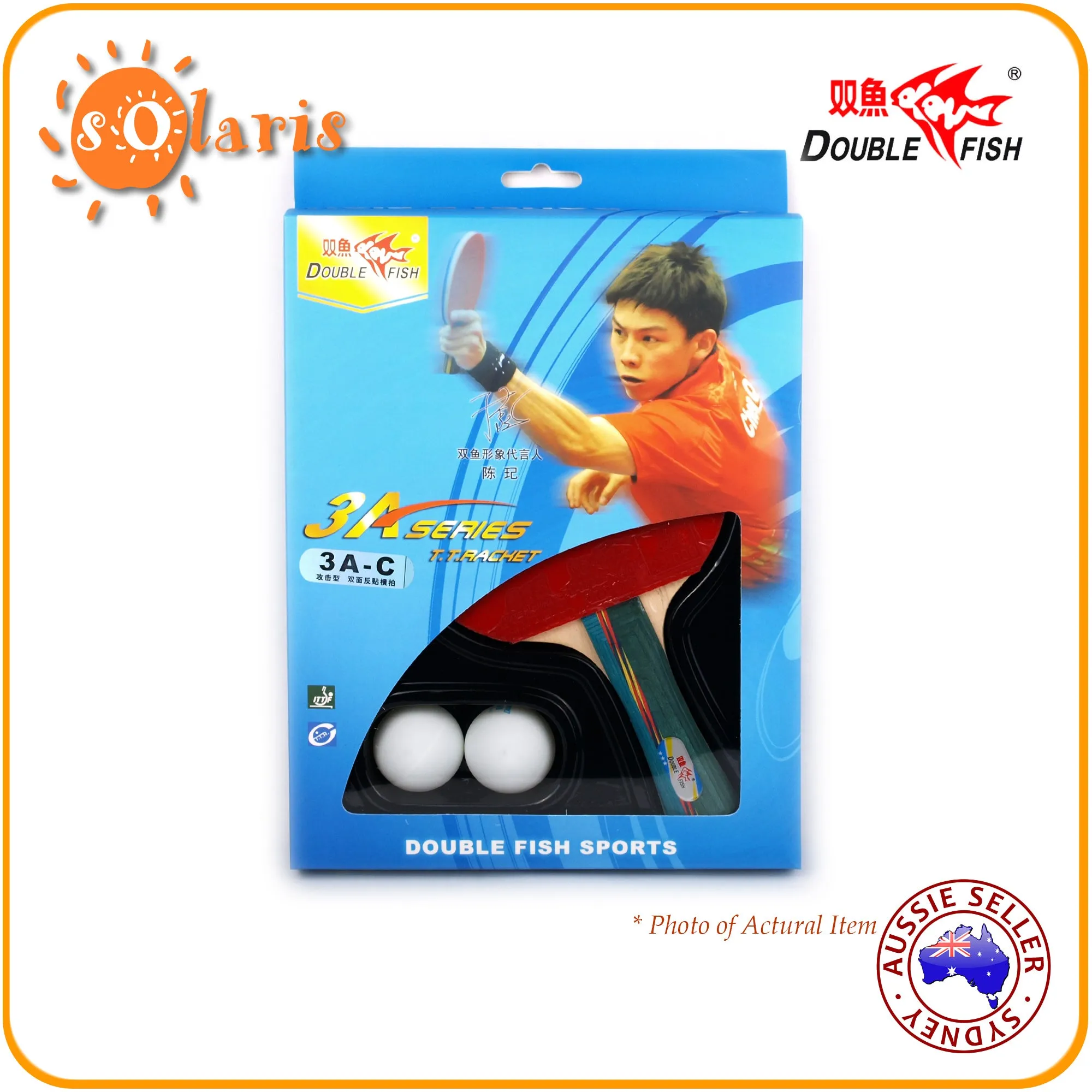 Double Fish 3A Table Tennis Bat Ping Pong Racket & 2 Balls Set Shakehand Handle