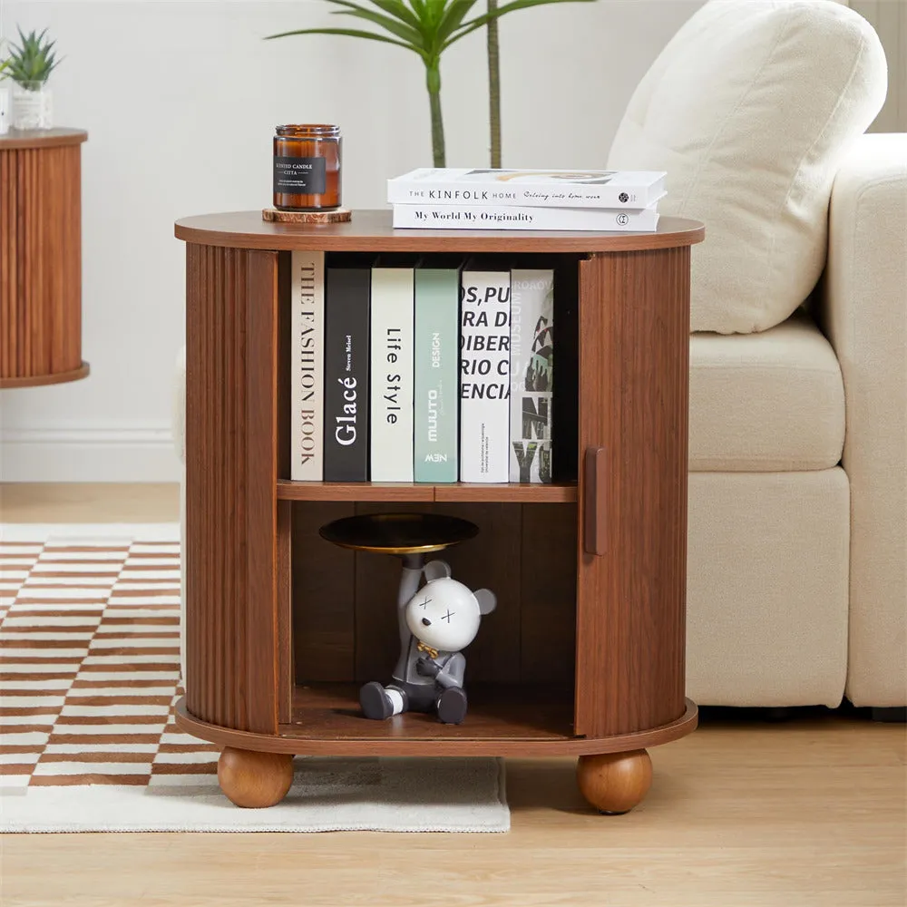 Modern Oval End Table Set of 2 with Storage Space and Sliding Door