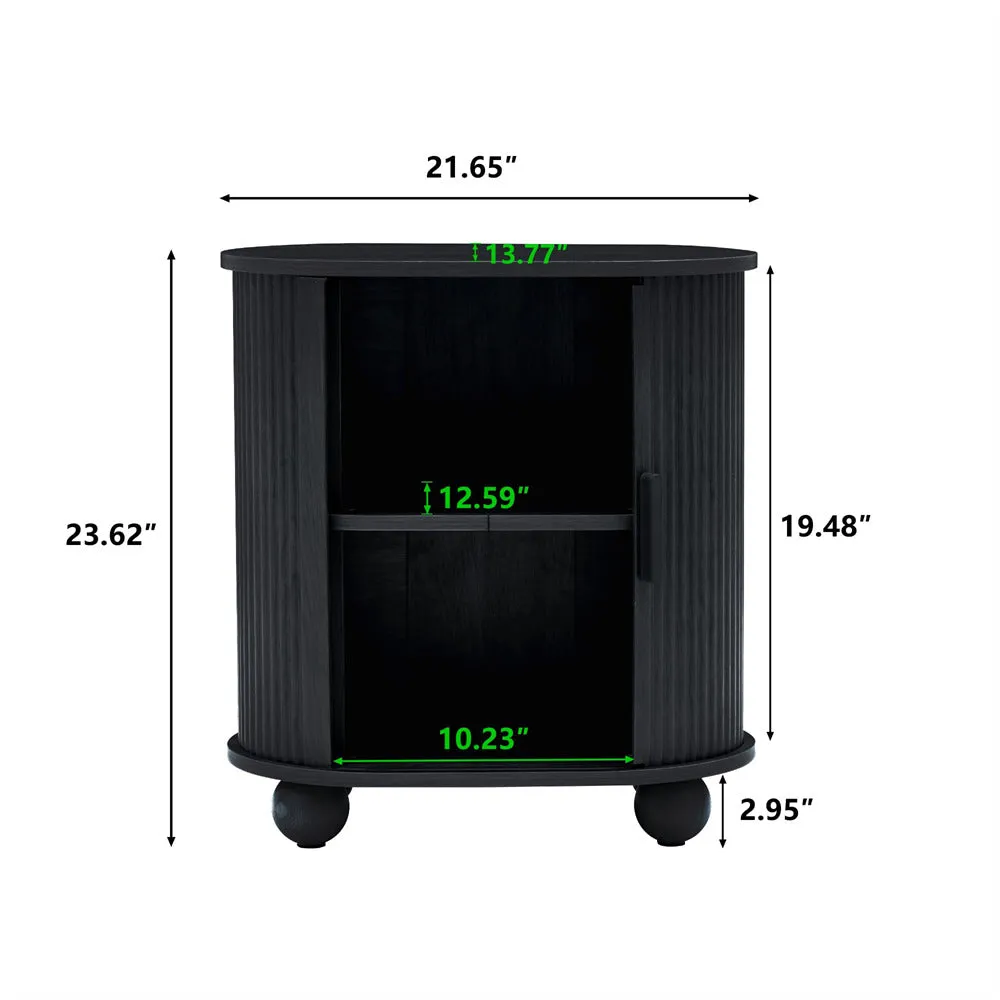 Modern Oval End Table Set of 2 with Storage Space and Sliding Door