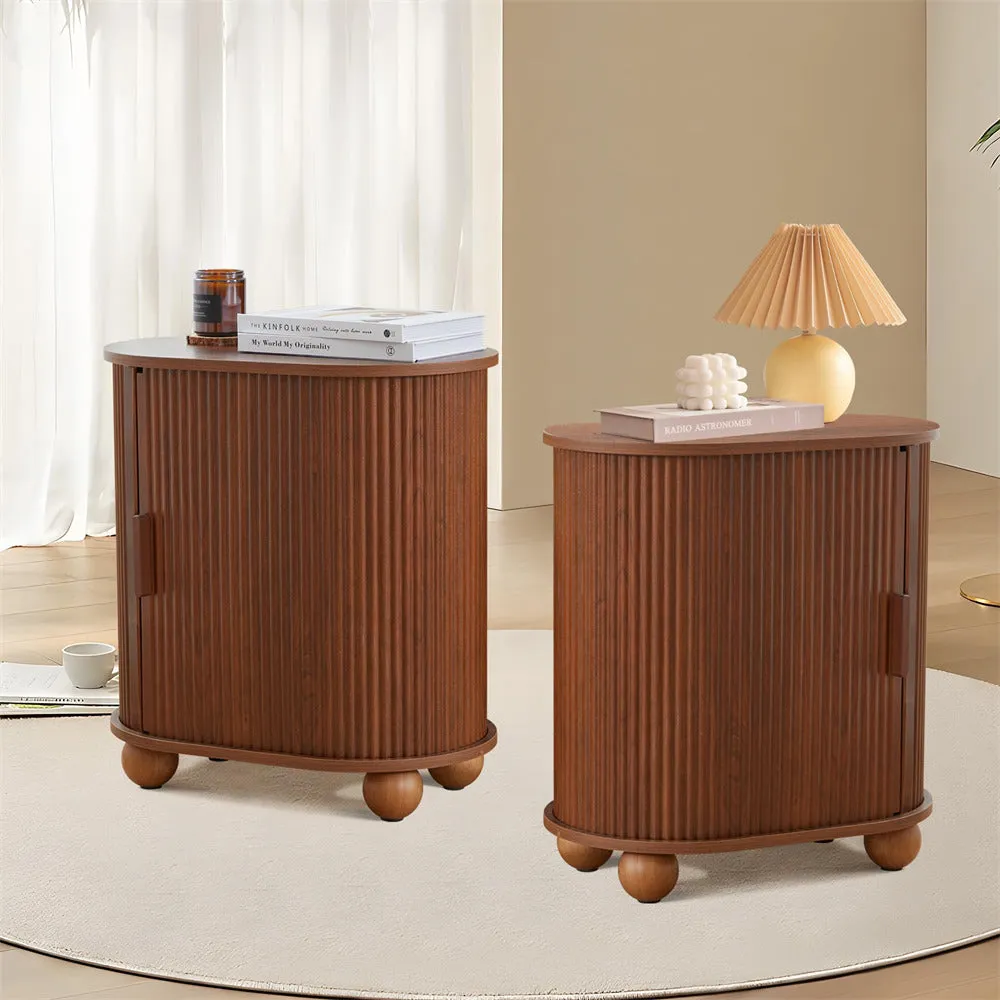 Modern Oval End Table Set of 2 with Storage Space and Sliding Door