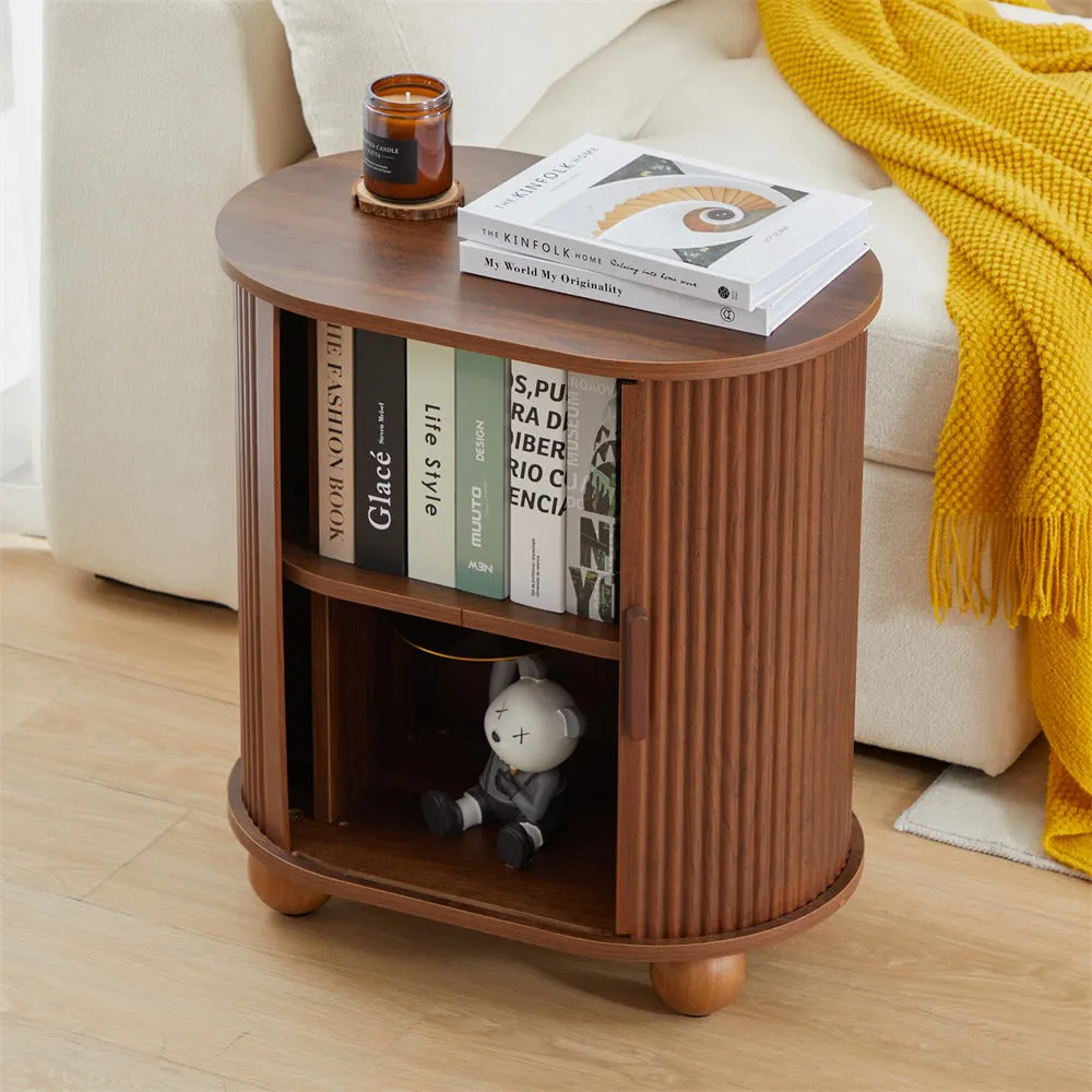 Modern Oval End Table Set of 2 with Storage Space and Sliding Door