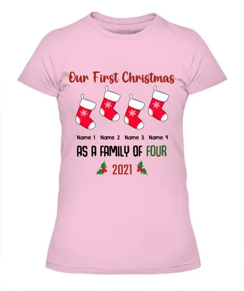 Our Family First Christmas Personalized Graphic Apparel - Design and Names can be customized