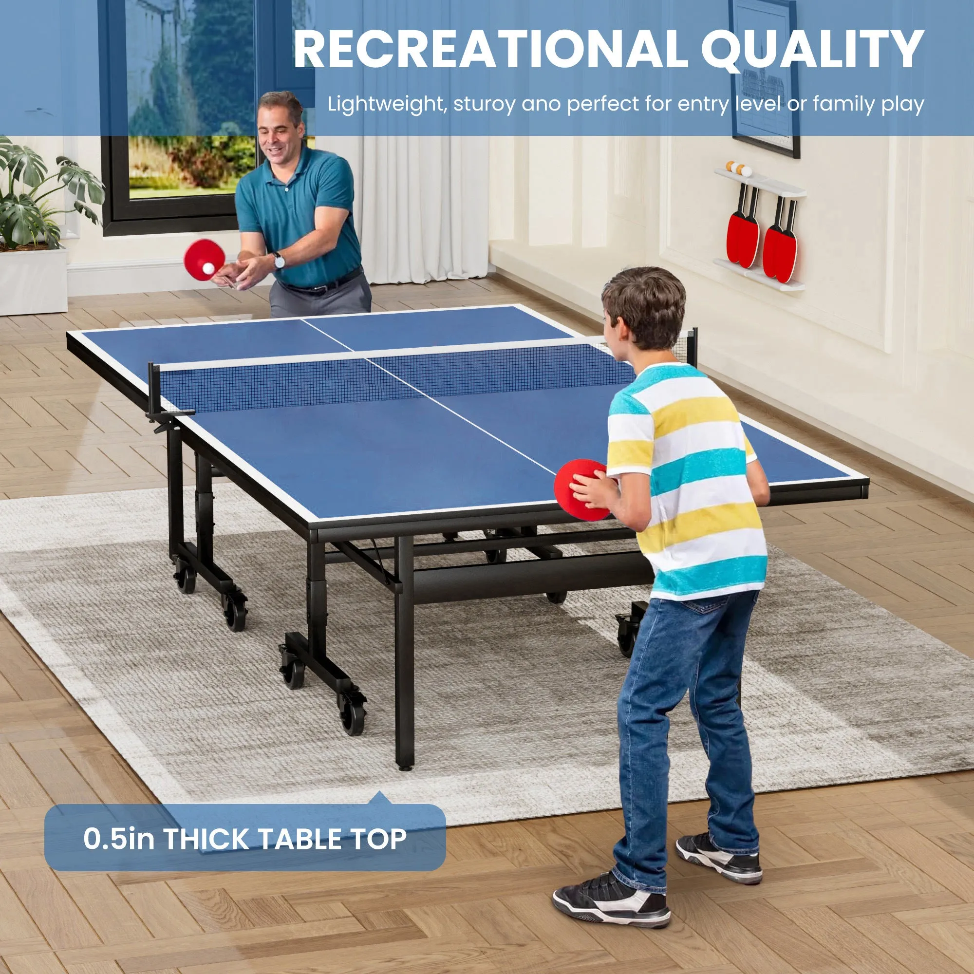 Professional Indoor Table Tennis Table with Net & Bat Set, Easy Assembly