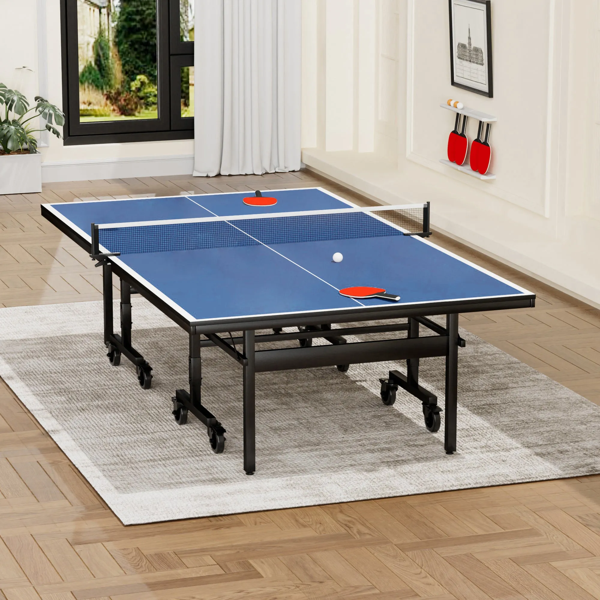 Professional Indoor Table Tennis Table with Net & Bat Set, Easy Assembly