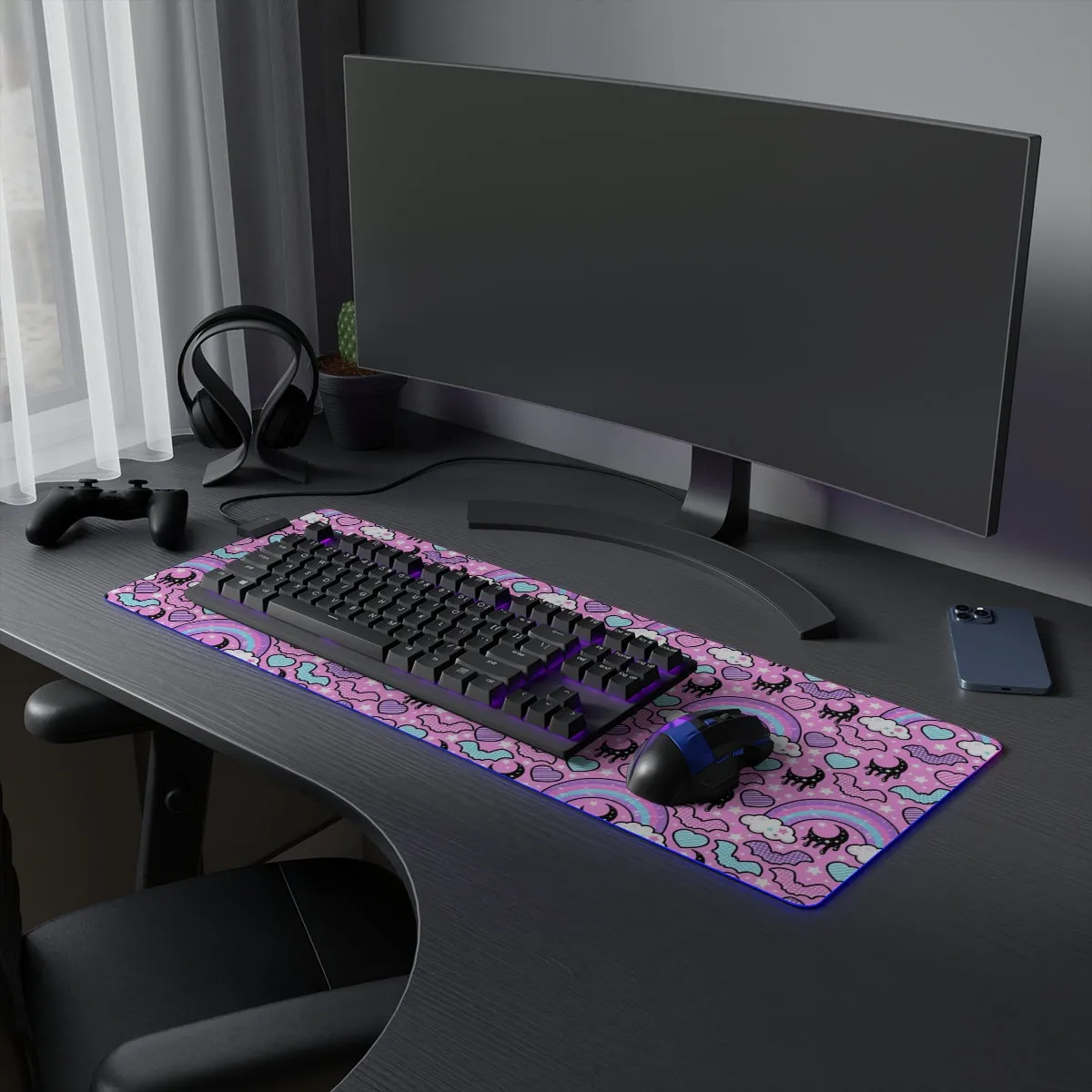 Rainbow Spooky Bats Pink LED Gaming Mouse Pad