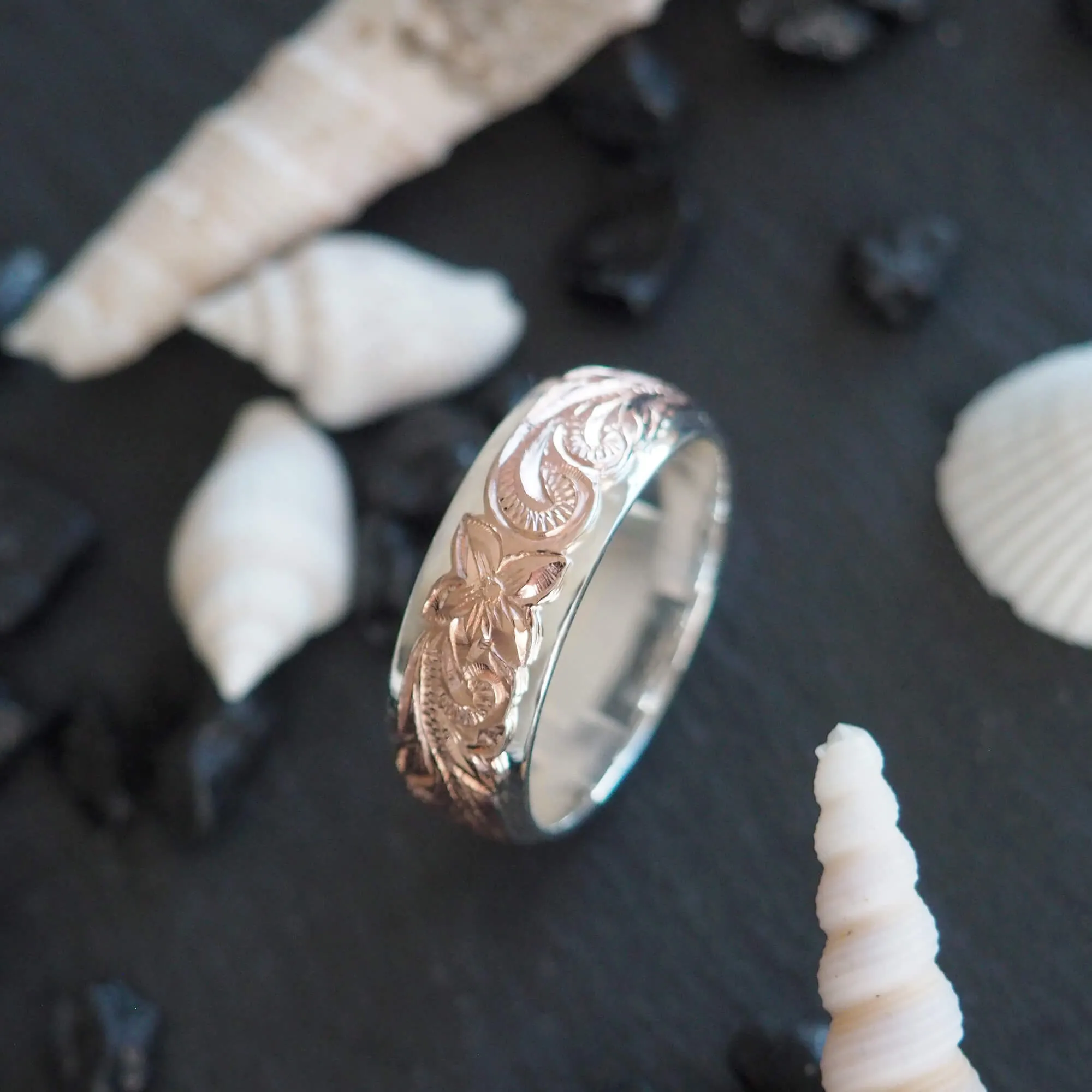 Sterling Silver 14kt Rose Gold Plated Raised Hawaiian Band Ring