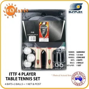 SUNFLEX CONTEST 4 Player Table Tennis Set 4 ITTF Bats 3 Balls 1 Net & Post