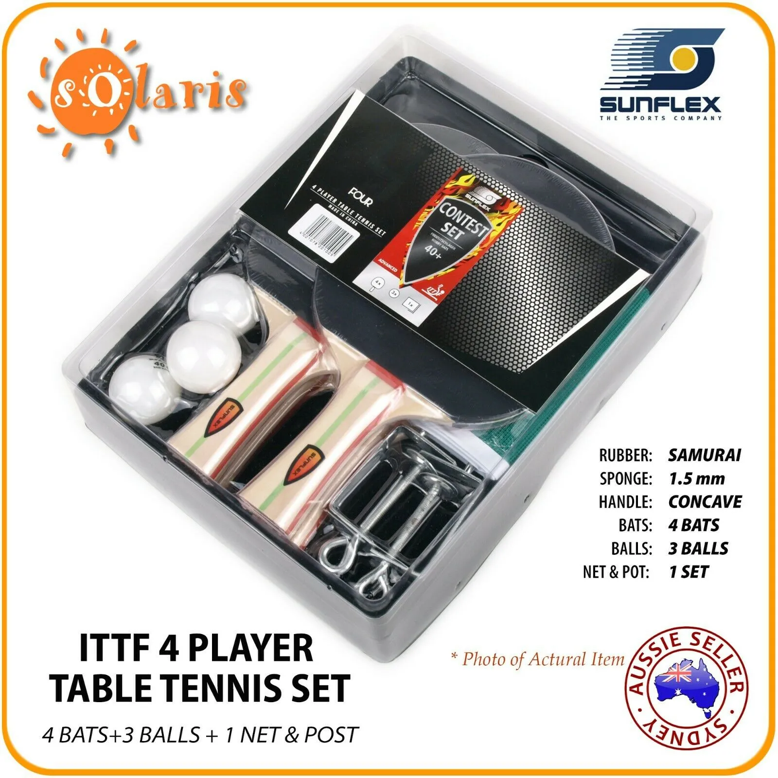 SUNFLEX CONTEST 4 Player Table Tennis Set 4 ITTF Bats 3 Balls 1 Net & Post