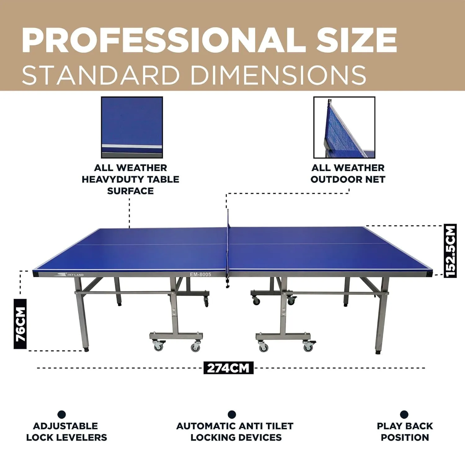 Table Tennis Table Foldable For Indoor and Outdoor Ping Pong Table, TT Table Blue EM-8005 Single Movable Large