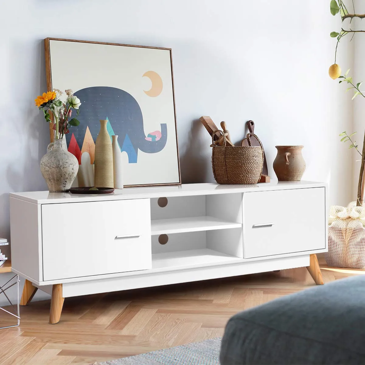 Tangkula Modern White TV Stand, Wooden TV Stand for 60 Inch TV, with 2 Storage Cabinets & 2 Open Shelves