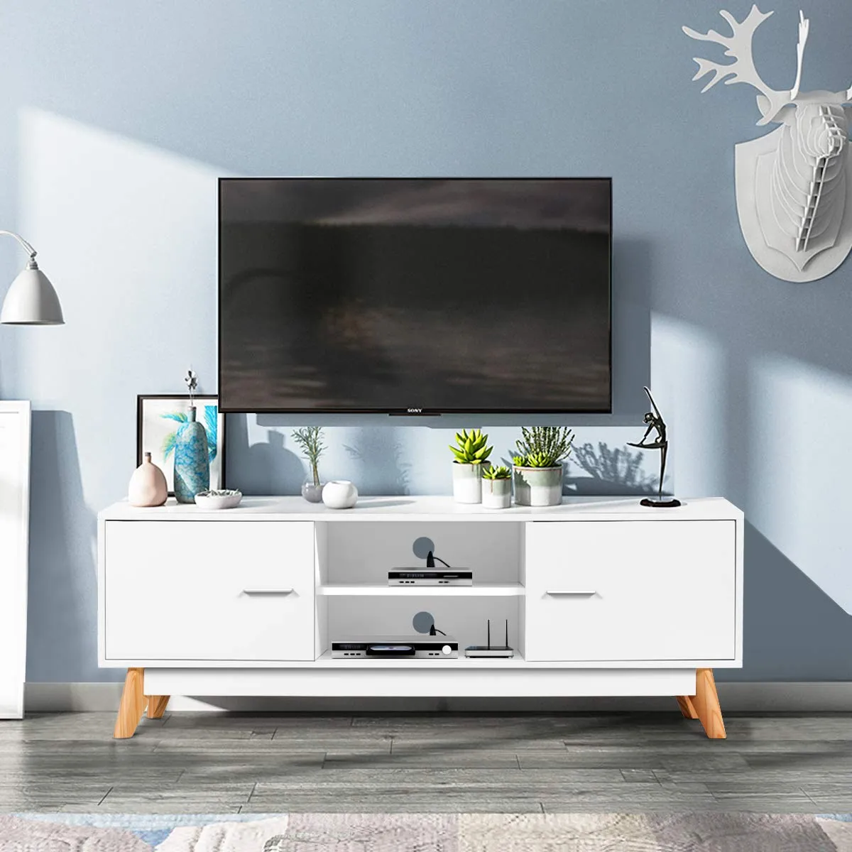 Tangkula Modern White TV Stand, Wooden TV Stand for 60 Inch TV, with 2 Storage Cabinets & 2 Open Shelves