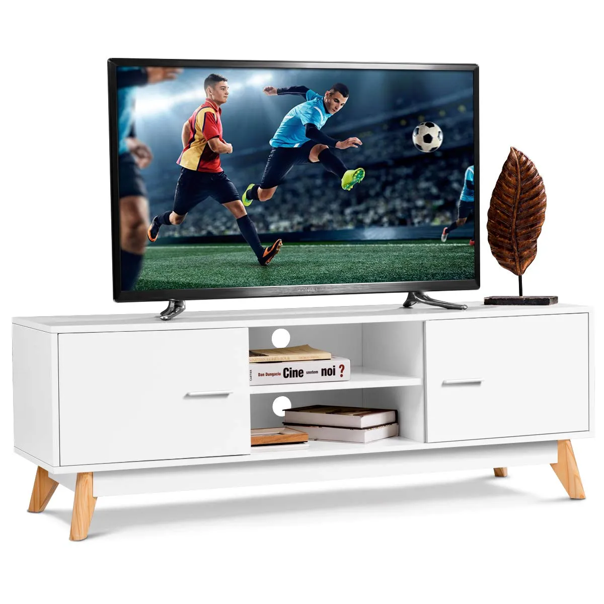 Tangkula Modern White TV Stand, Wooden TV Stand for 60 Inch TV, with 2 Storage Cabinets & 2 Open Shelves