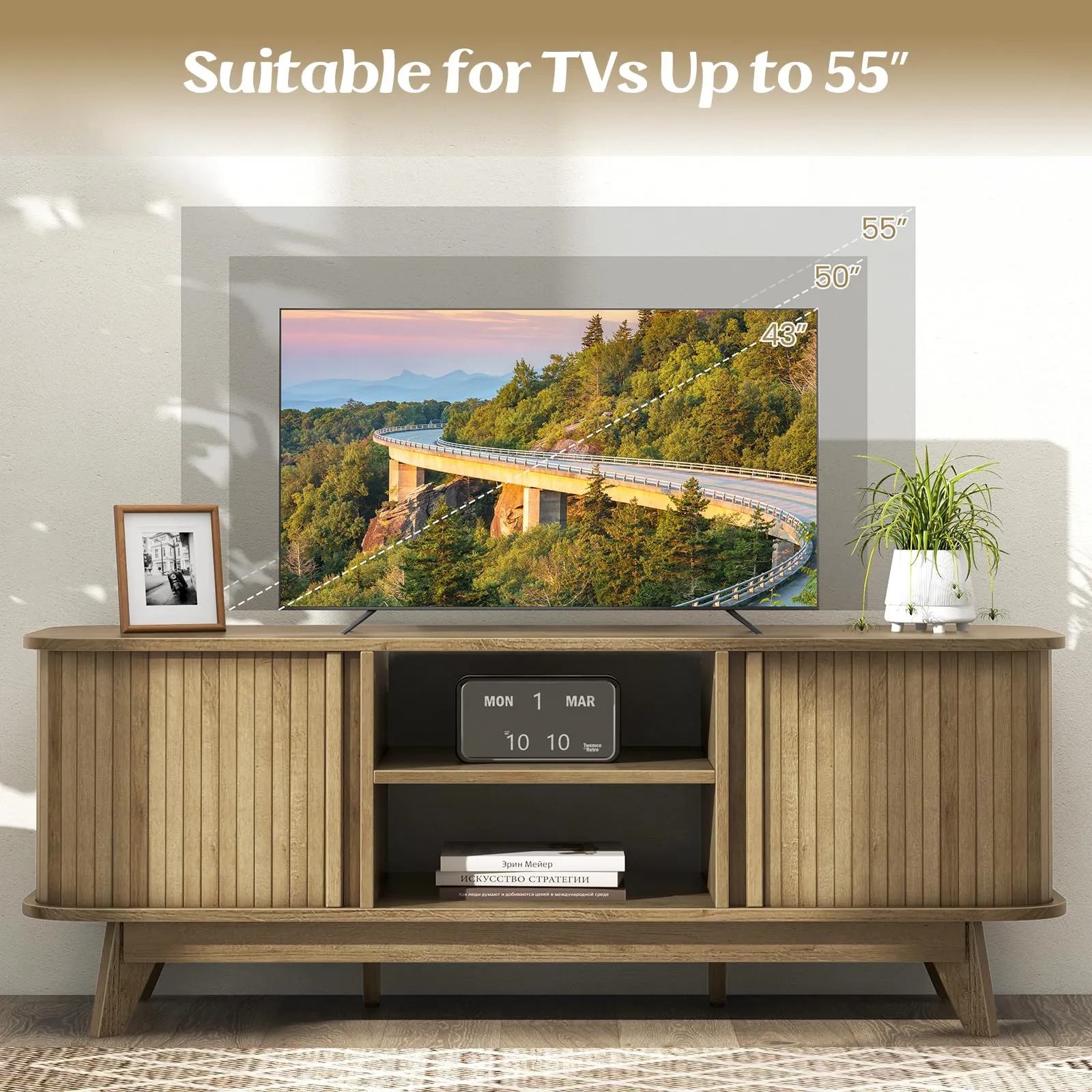 Tangkula Sliding Doors TV Stand for TV up to 55 Inch, Mid Century Modern TV Console Table (Oak)