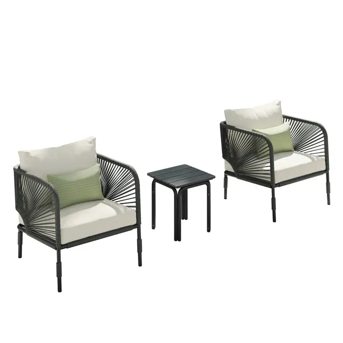 Werner Outdoor Patio Seating Set 2 Chairs and 1 Table Set (GREY) Braided & Rope