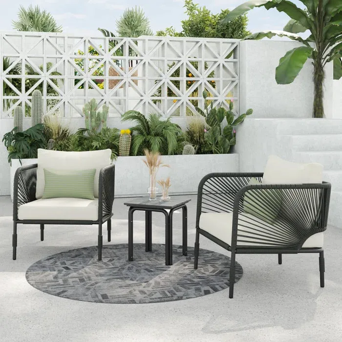 Werner Outdoor Patio Seating Set 2 Chairs and 1 Table Set (GREY) Braided & Rope